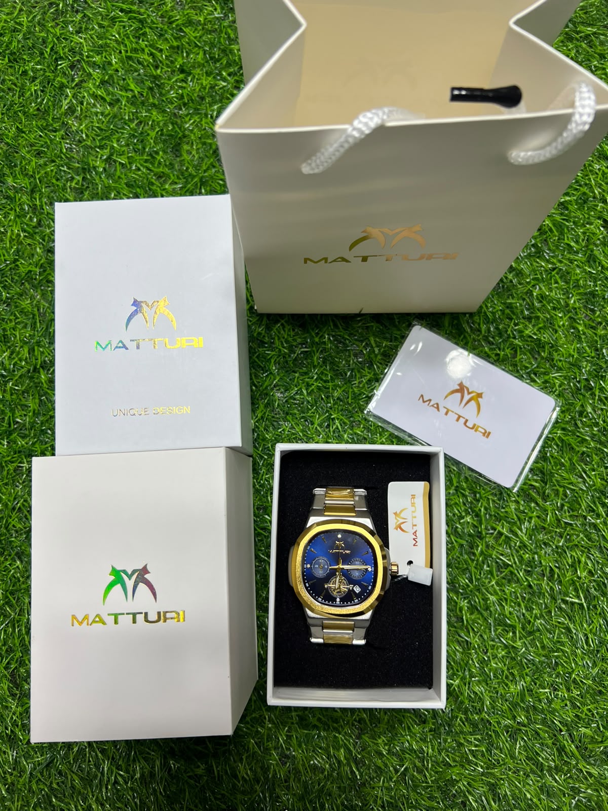 Men’s Luxury Gold Stainless Steel Watch – Blue Dial Chronograph Style with premium packing and bag