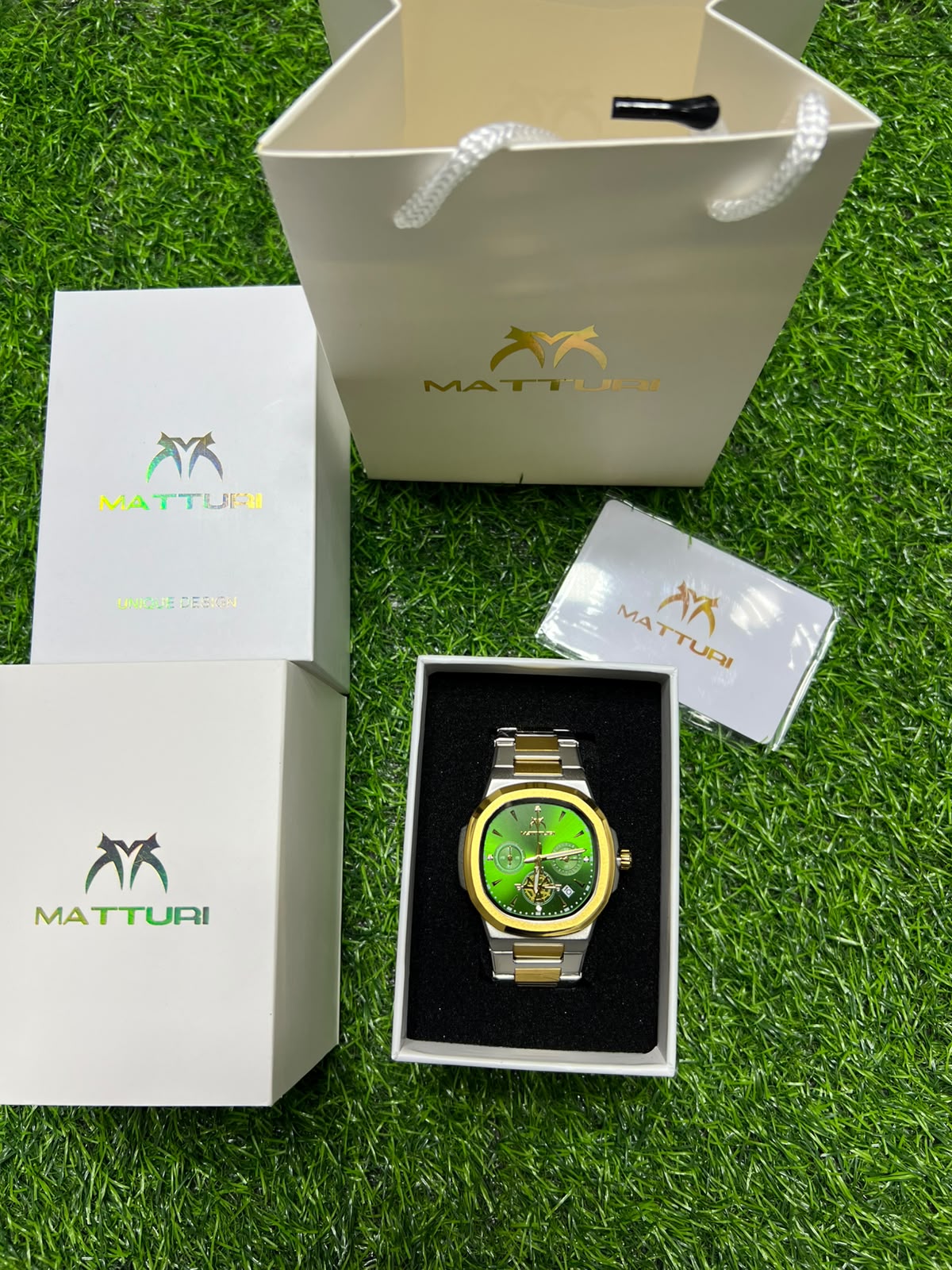 Men’s Luxury Gold Stainless Steel Watch – Green Dial Chronograph Style with premium packing and bag
